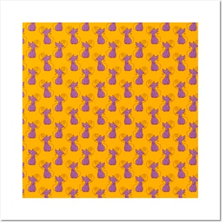 Purple and Yellow Fancy Cat Pattern Posters and Art